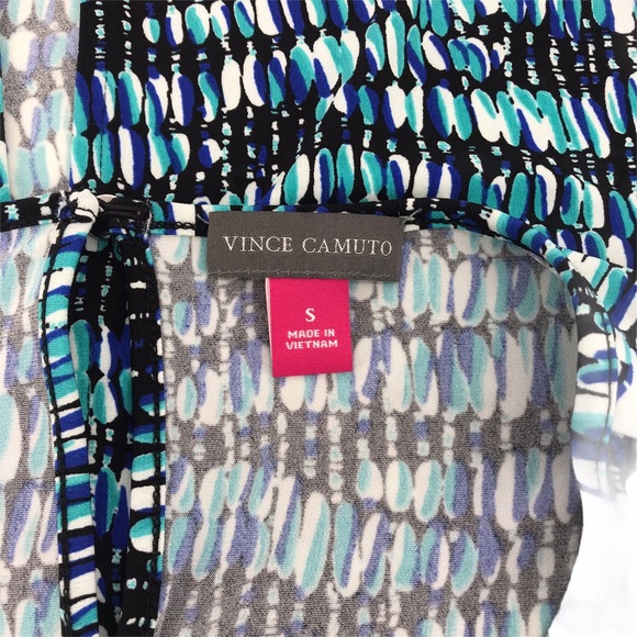 Vince Camuto tunic top s hi low sleeveless blue green black geo keyhole back - Picture 7 of 8